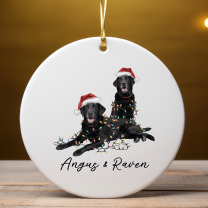 Personalized Black Lab Christmas Ornament: Festive Dog Duo with Lights, Ceramic Keepsake