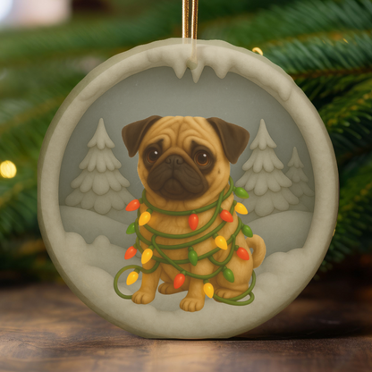 Personalized Tan Pug Christmas Ornament, 3D Clay-Style Dog Keepsake with Lights