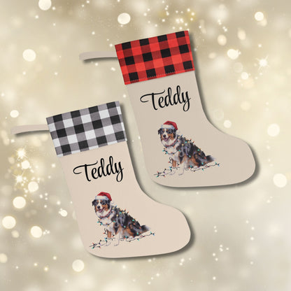 Personalized Christmas Australian Shepherd Stocking, Xmas Decor, Plaid Cuff Holiday Stocking