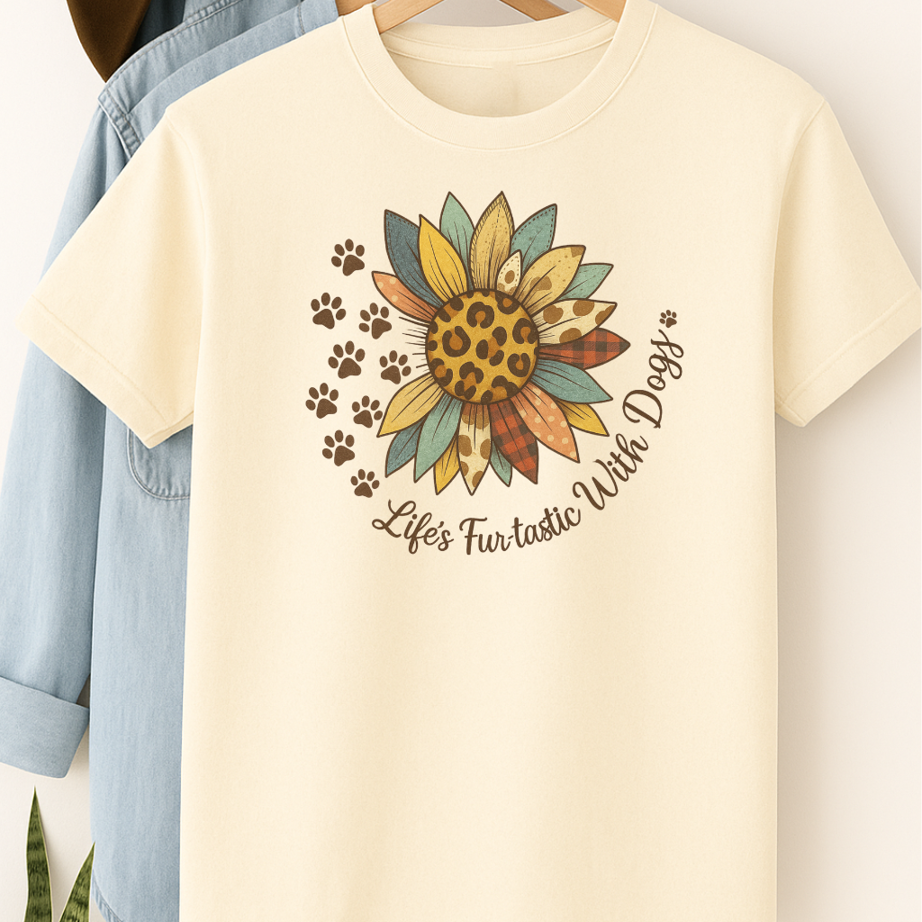 Life’s Furtastic With Dogs T-Shirt – Sunflower & Paw Print Tee for Dog Moms and Pet Lovers