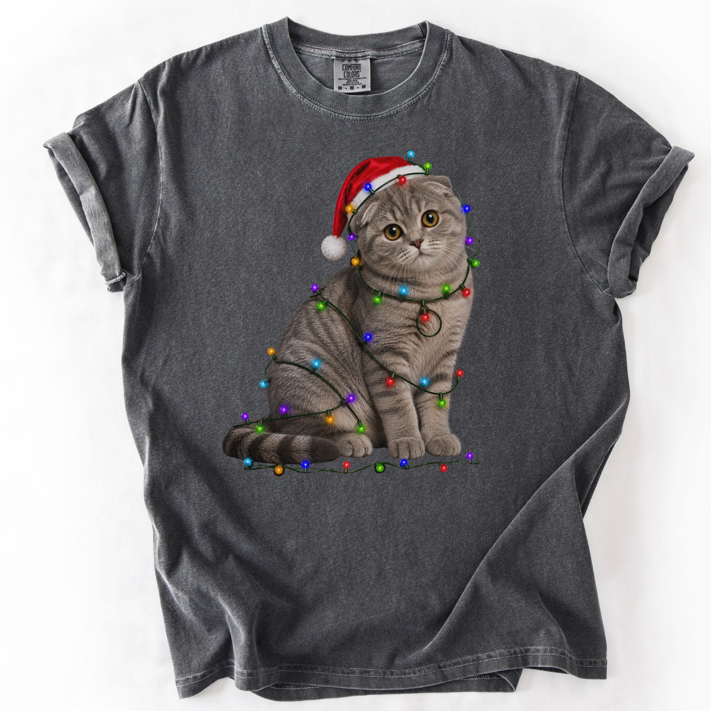 Scottish Fold Christmas Lights Shirt, Comfort Colors Holiday Cat Lover Tee
