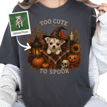 Custom Halloween Dog Shirt, Personalized Too Cute to Spook Comfort Colors Pet Portrait Tee