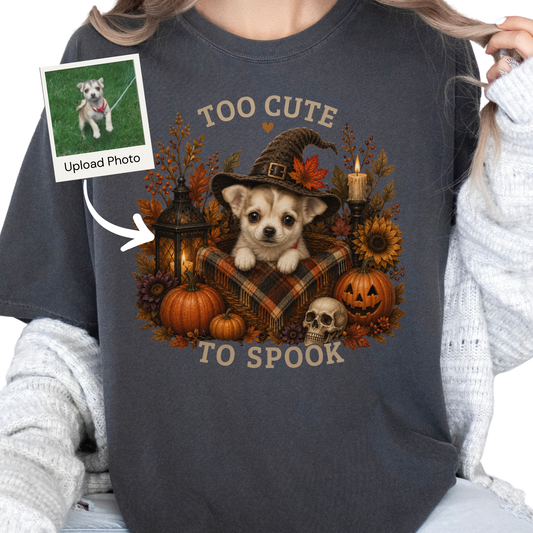 Custom Halloween Dog Shirt, Personalized Too Cute to Spook Comfort Colors Pet Portrait Tee