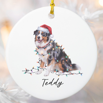 Personalized Australian Shepherd Christmas Ornament, Ceramic Dog Decor, Holiday Lights