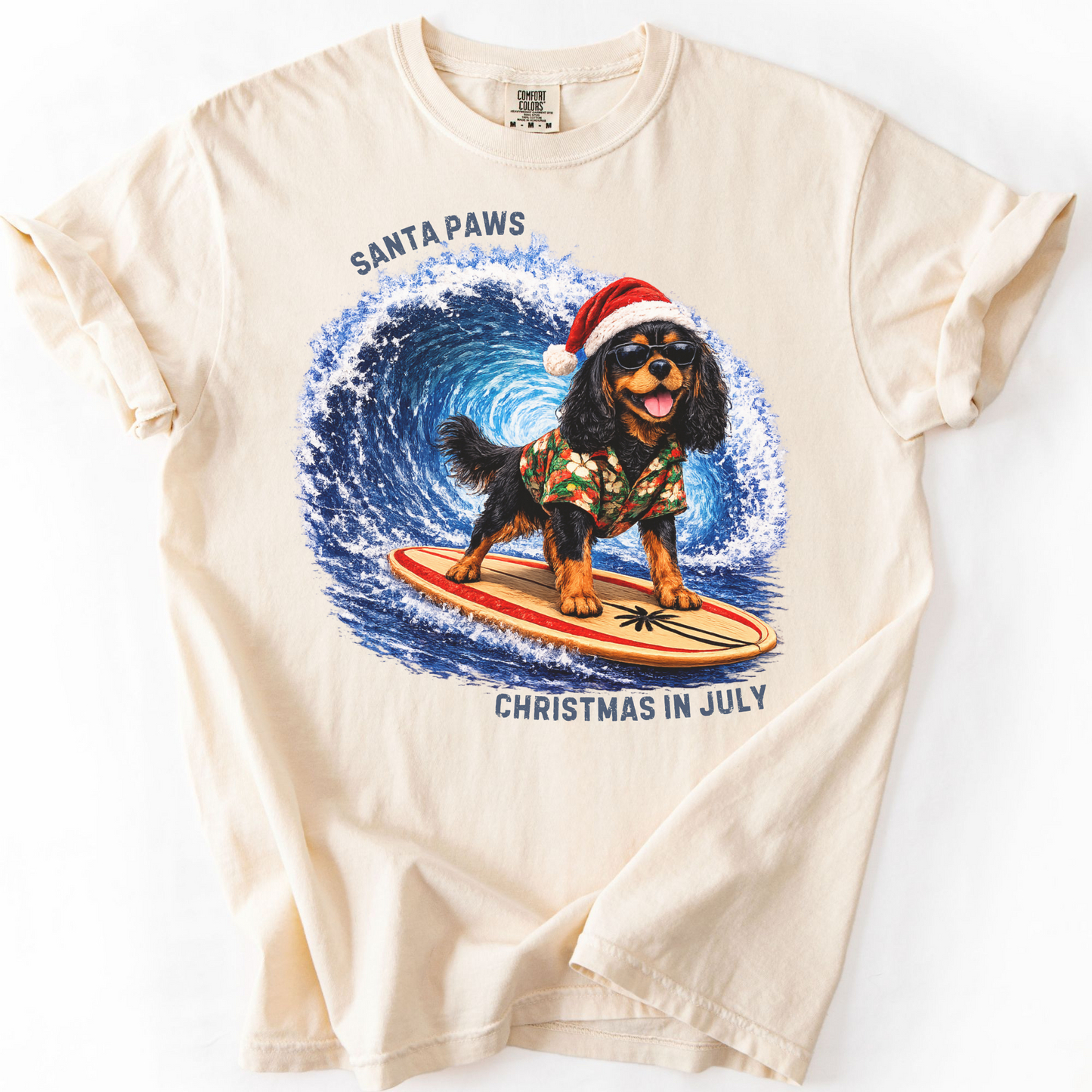 Christmas in July Gift for Black and Tan Cavalier Lovers, Santa Paws Beach Shirt