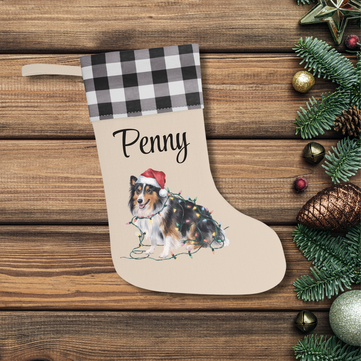 Personalized Shetland Sheepdog Christmas Stocking, Holiday Decor Gift for Pet Lovers