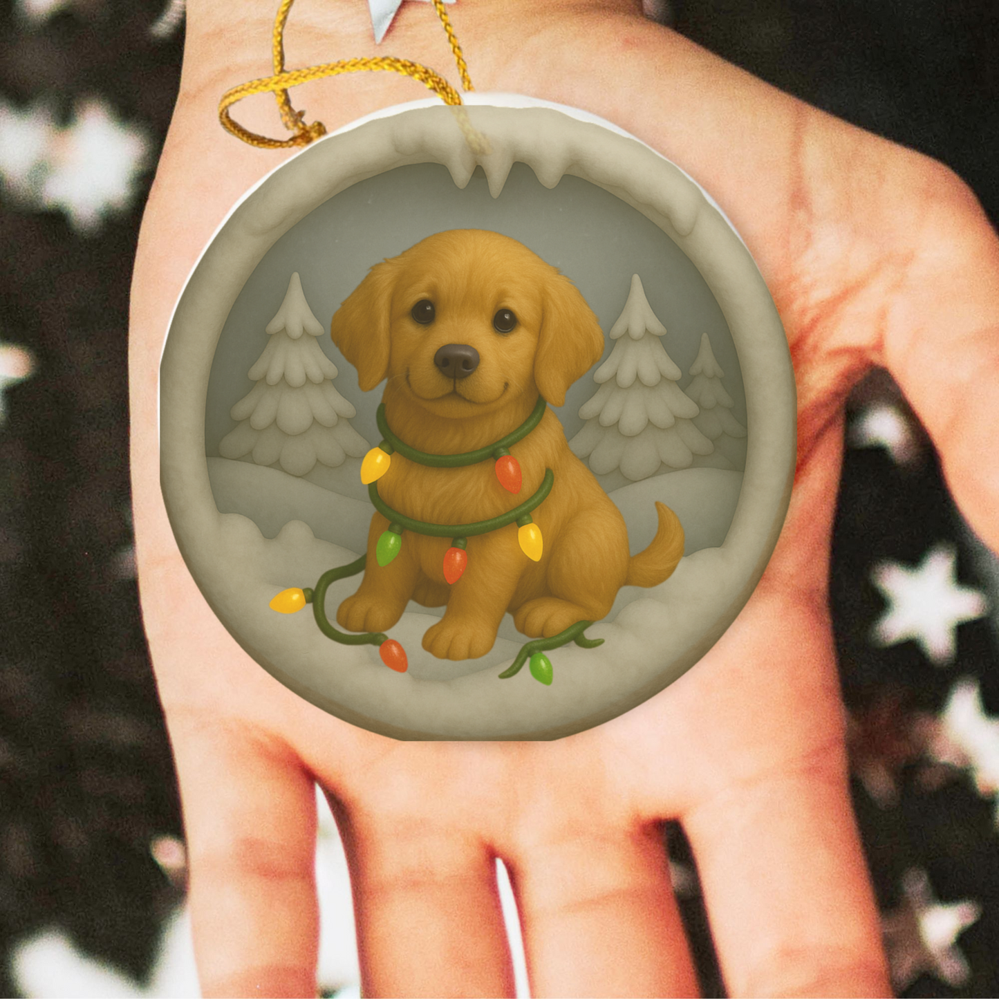Personalized Golden Retriever Christmas Ornament, 3D Clay-Style Dog Keepsake with Lights