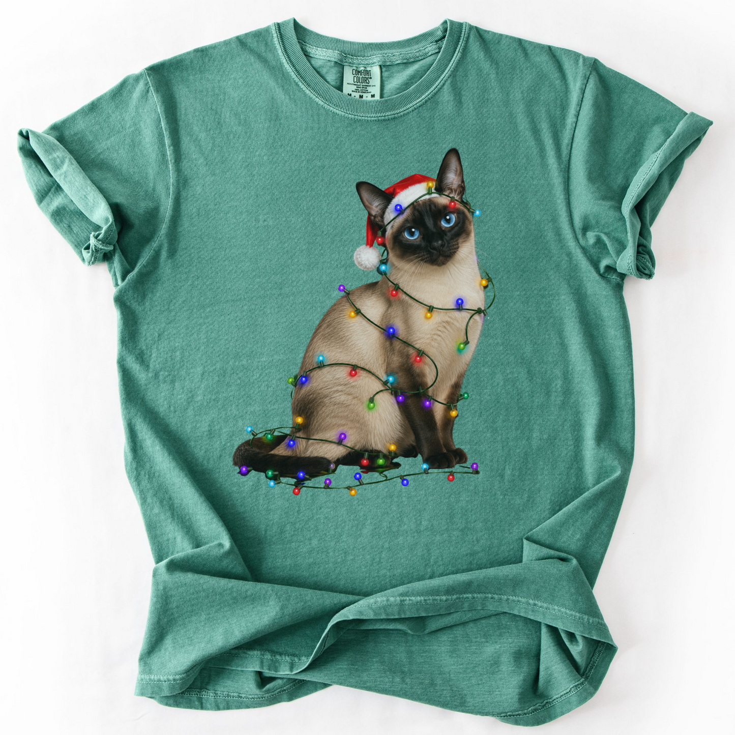 Siamese Cat Christmas Lights Shirt, Comfort Colors Holiday Cat Lover Tee