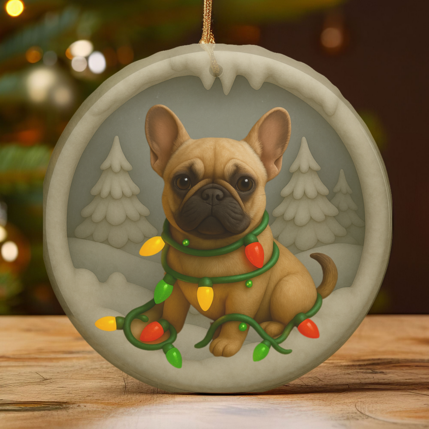 Personalized French Bulldog Christmas Ornament, Custom Frenchie with Holiday Lights Keepsake