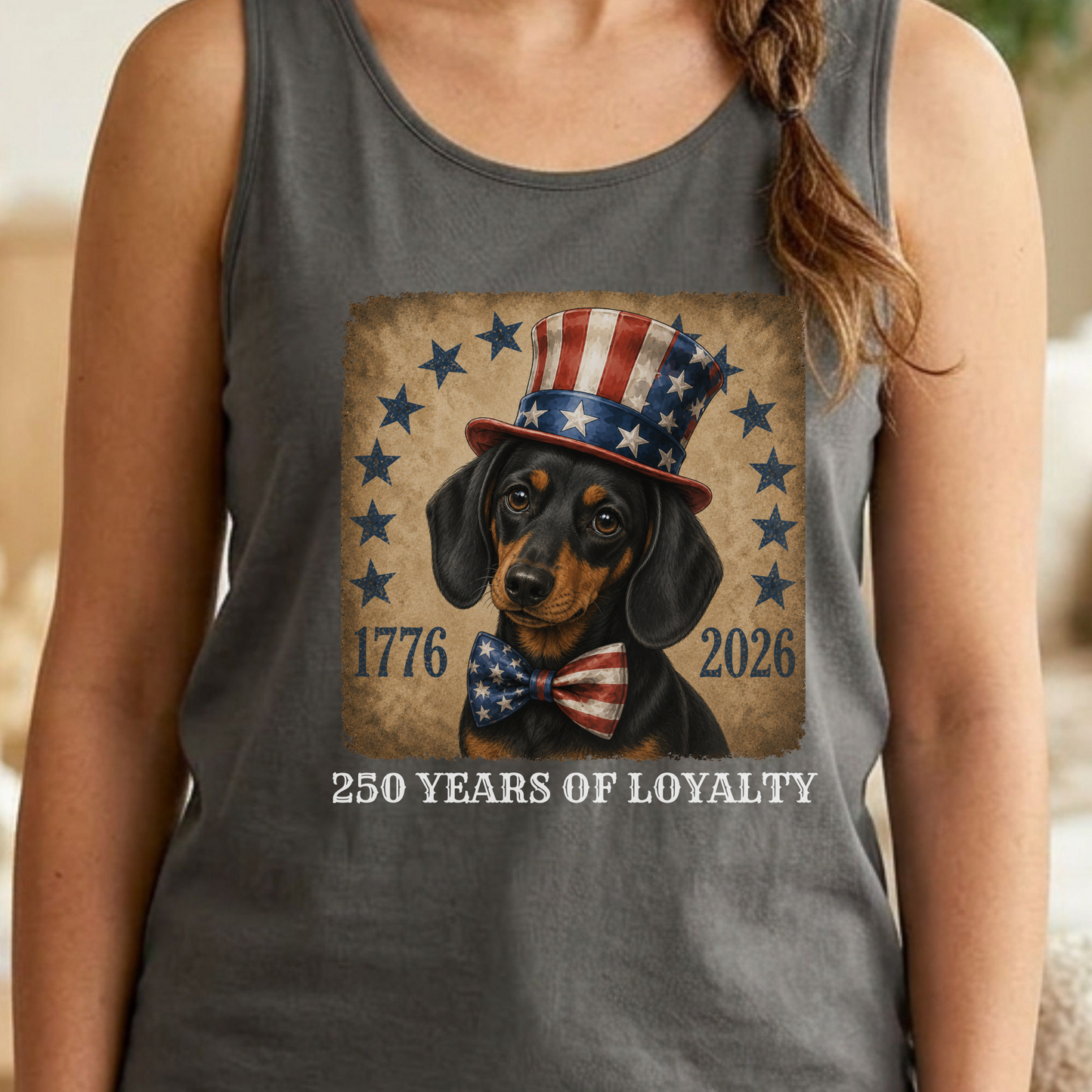 Black and Tan Dachshund Patriotic Tank Top, 250 Years of Loyalty