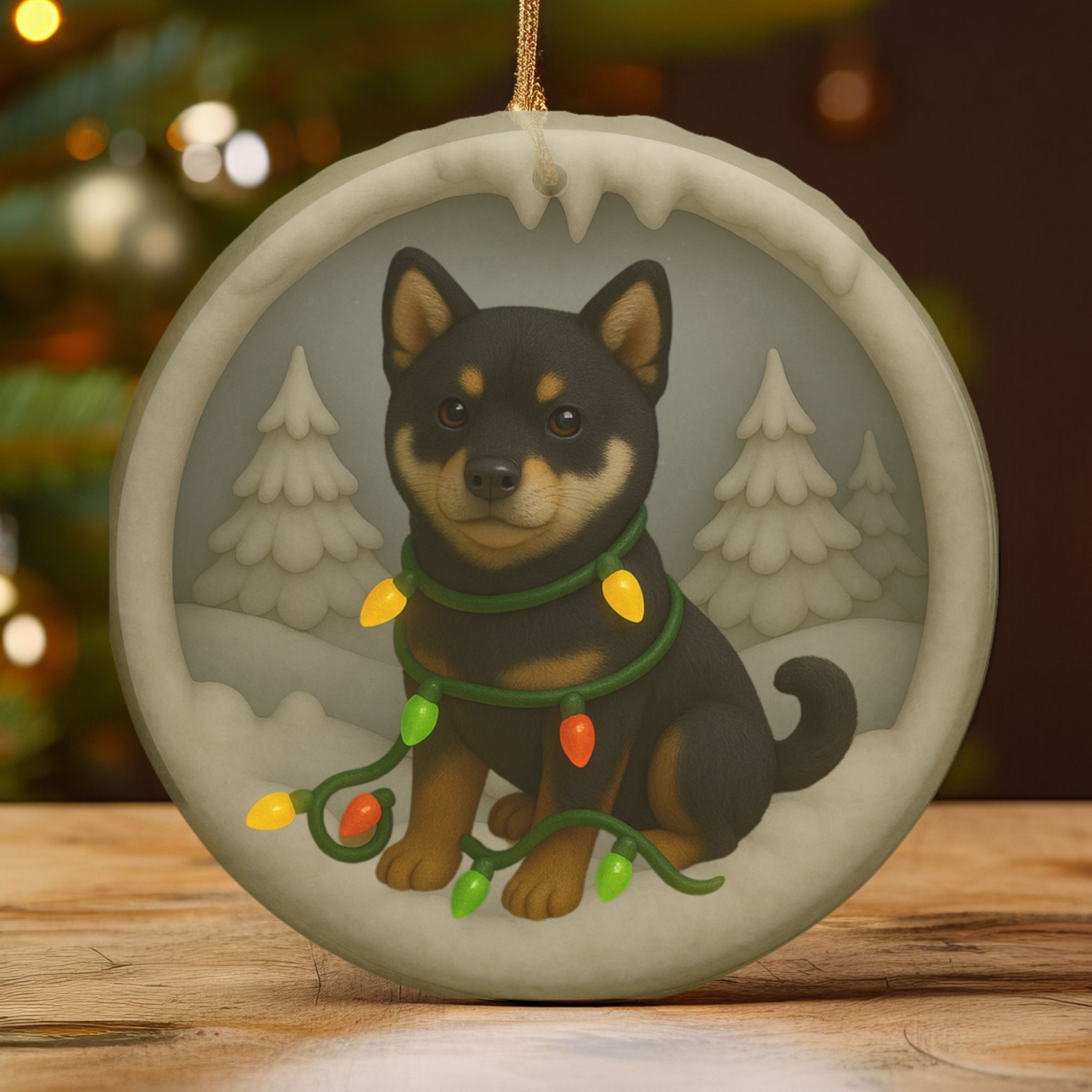 Personalized Black Shiba Inu Christmas Ornament, 3D Clay-Style Dog Keepsake with Lights