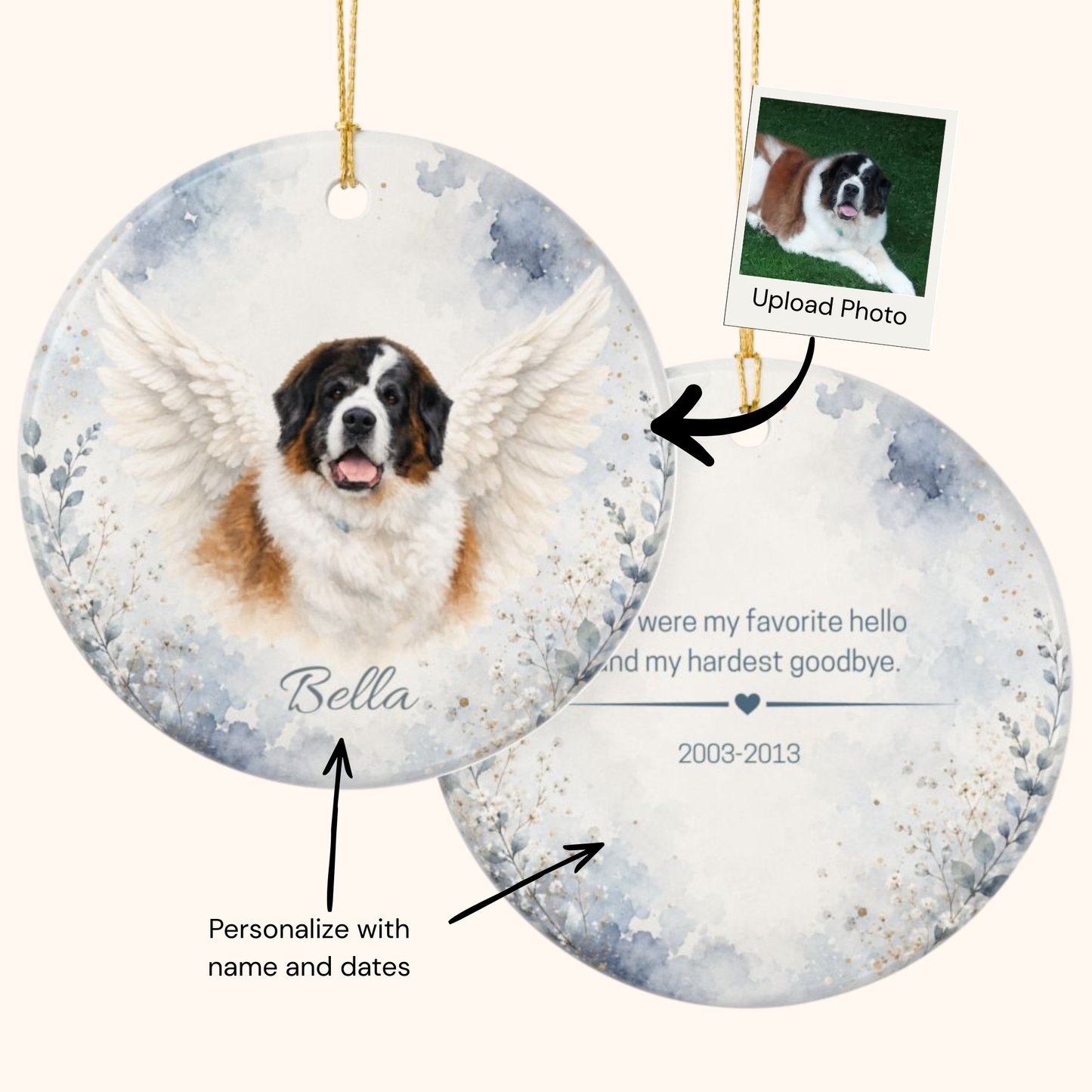 Custom Pet Memorial Ornament, Personalized Pet Loss Sympathy Gift With Photo and Name