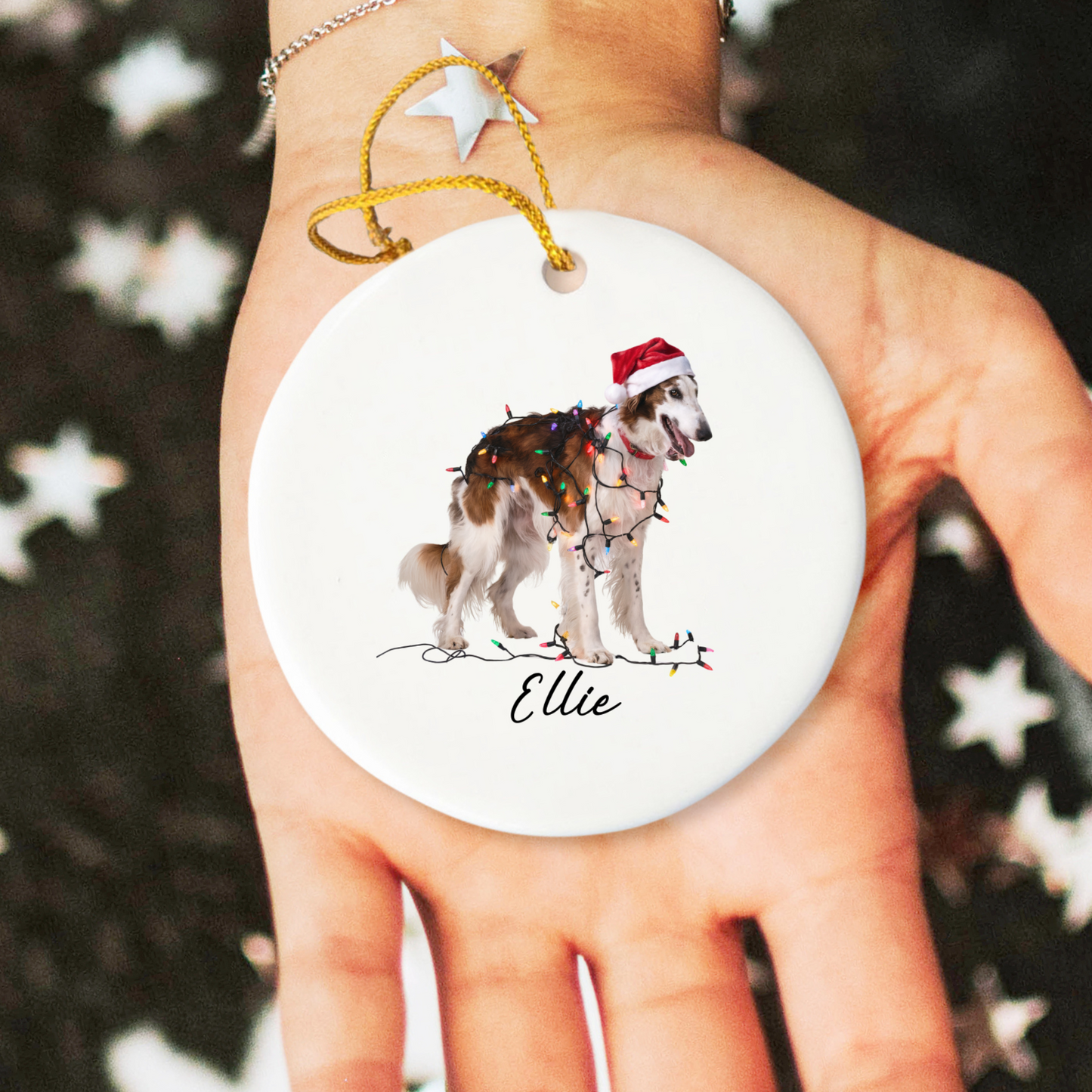 Personalized Borzoi Christmas Ornament, Ceramic Dog Lover Holiday Decor, Customizable Pet Keepsake