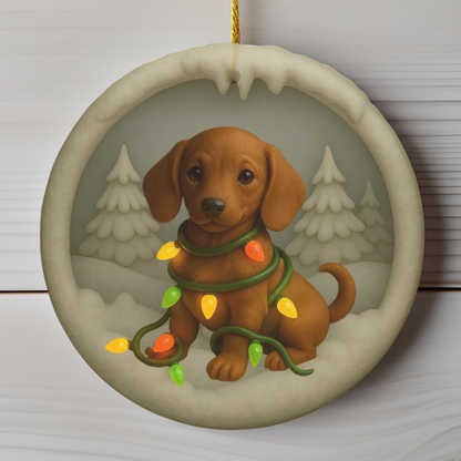 Personalized Red Dachshund Christmas Ornament, 3D Clay-Style Dog Keepsake with Lights