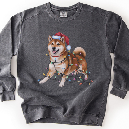 Christmas Shiba Inu Sweatshirt, Dog Tangled in Lights, Santa Hat Dog Lover Gift