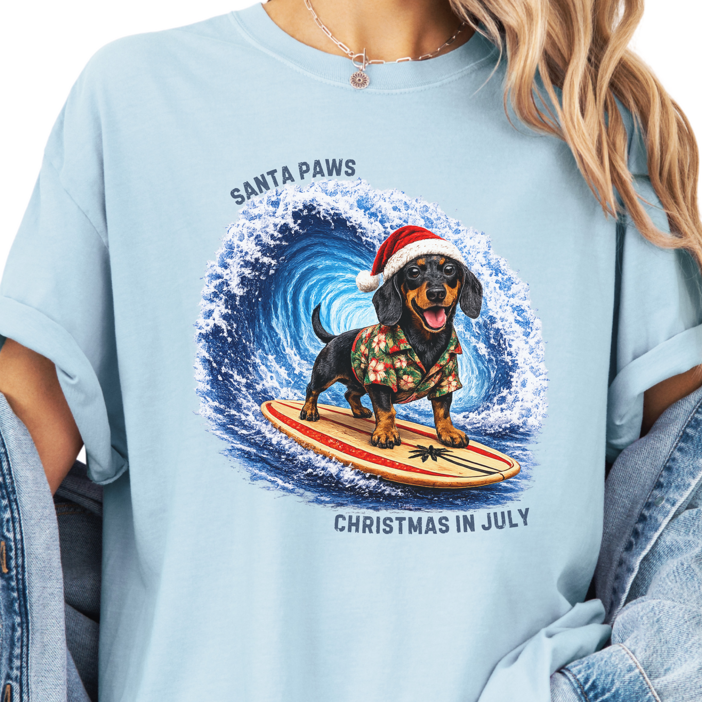 Christmas in July Gift for Dachshund Lovers, Santa Paws Beach Shirt