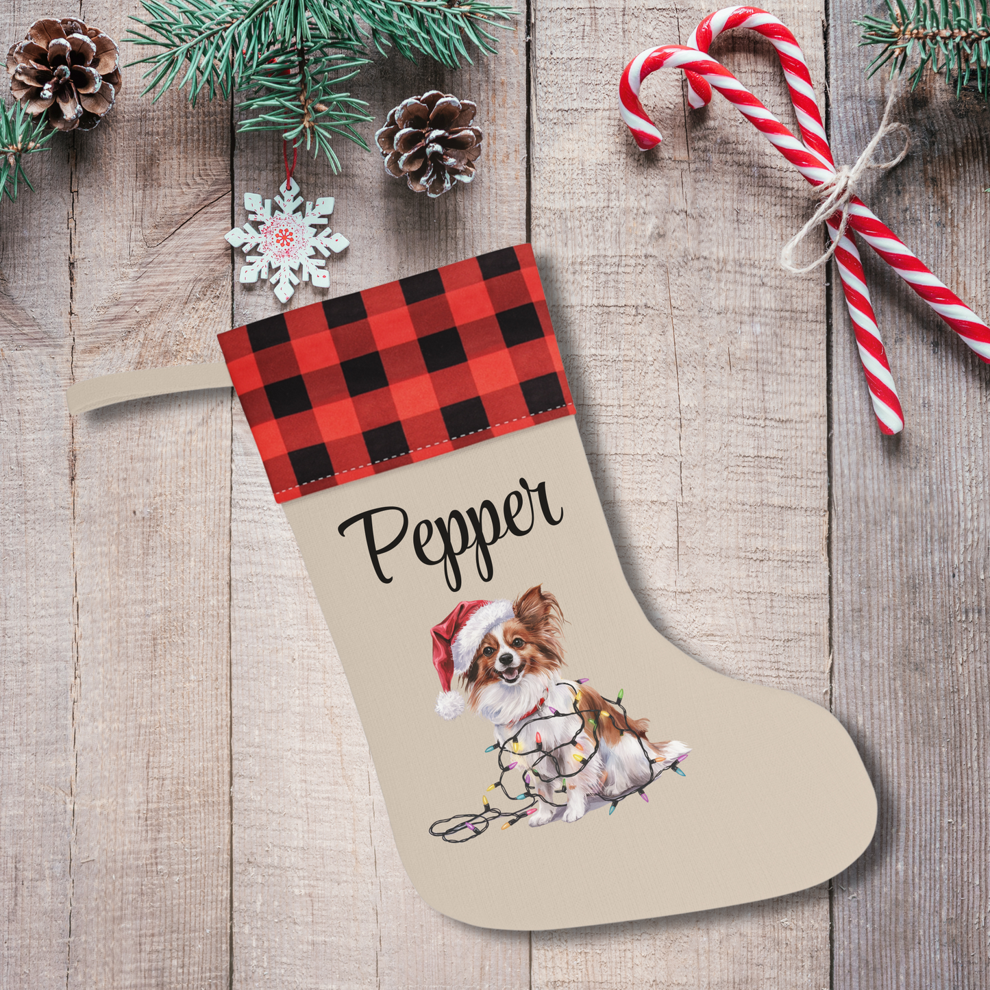 Personalized Papillon Christmas Stocking, Holiday Decor Gift for Pet Lovers