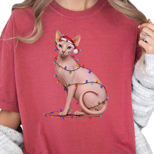 Sphynx Cat Christmas Lights Shirt, Comfort Colors Holiday Cat Lover Tee
