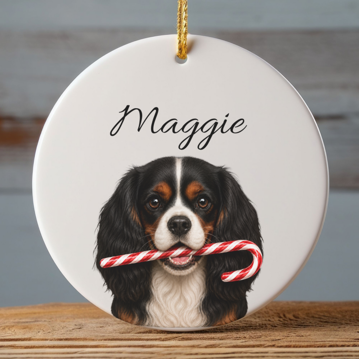 Personalized Tricolor Cavalier Candy Cane Ornament