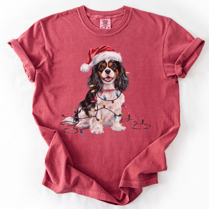 Tri-Color Cavalier King Charles Spaniel Christmas T-Shirt, Festive Dog Lover Holiday Gift, Santa Hat Dog Tee, Cute Cavalier Art