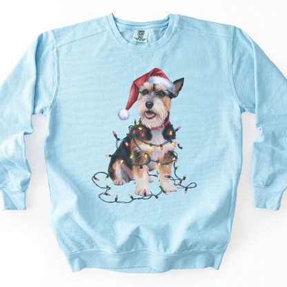 Christmas Norfolk Terrier Sweatshirt, Dog Tangled in Lights, Festive Dog Lover Apparel