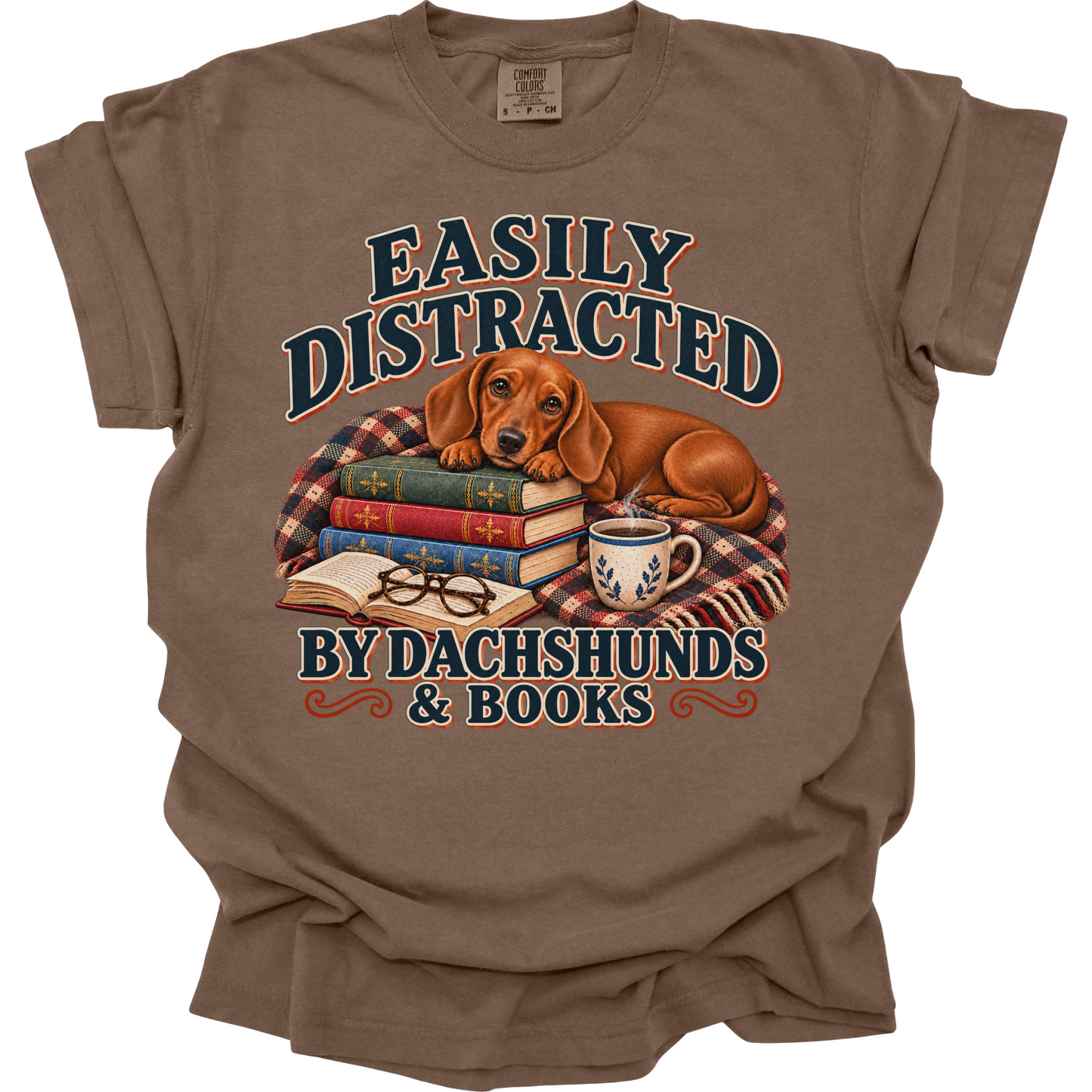 Red Dachshund Shirt, Easily Distracted by Dachshunds and Books, Doxie Mom Book Lover Tee