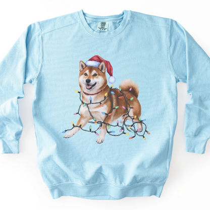 Christmas Shiba Inu Sweatshirt, Dog Tangled in Lights, Santa Hat Dog Lover Gift