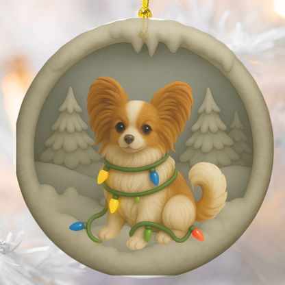 Personalized Papillon Christmas Ornament, 3D Clay-Style Dog Keepsake with Lights