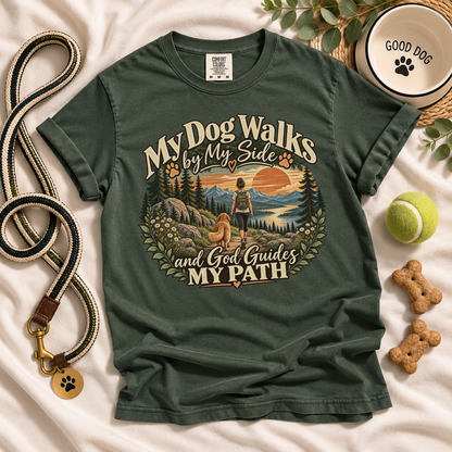 Christian Dog Mom Shirt, My Dog Walks by My Side, Faith Based Hiking Tee