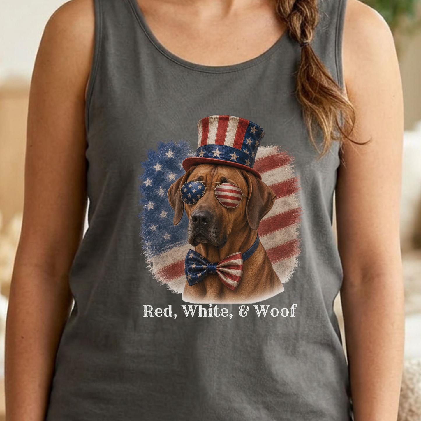 Patriotic Rhodesian Ridgeback Tank Top, Red White & Woof