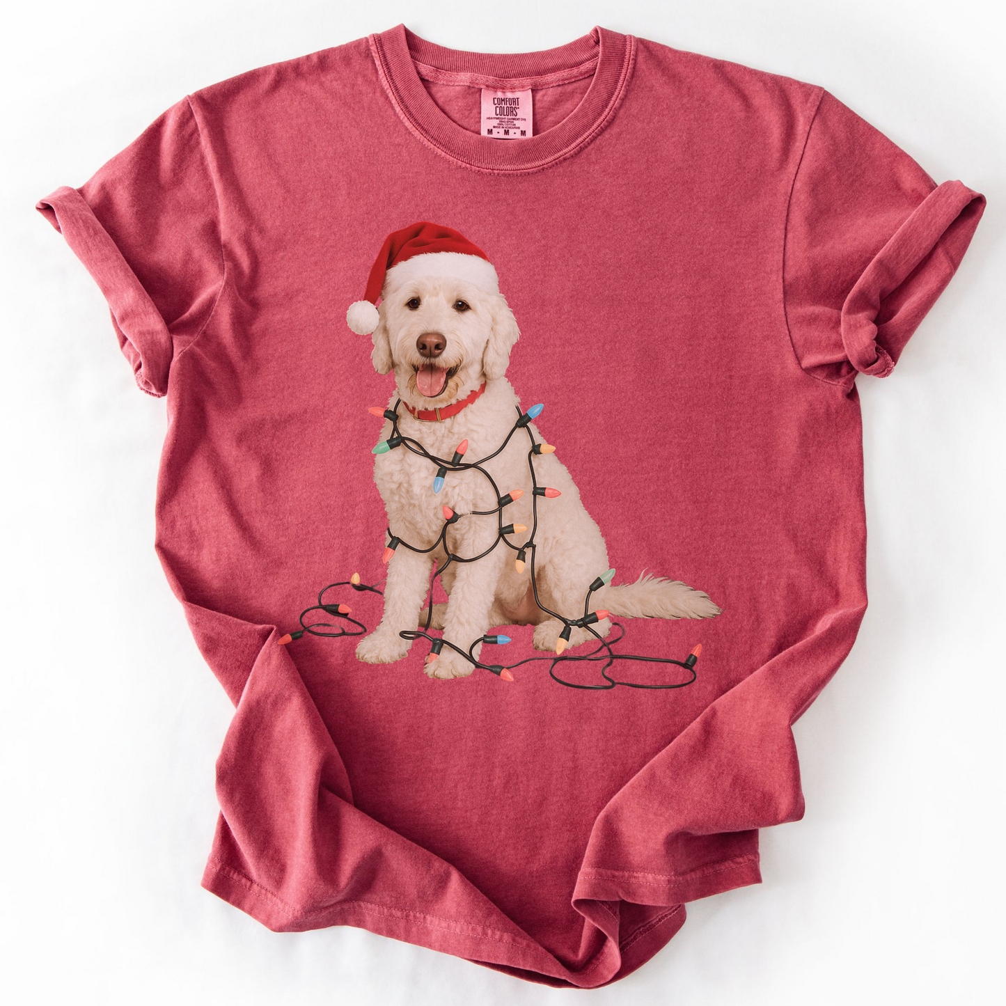 White Goldendoodle Christmas Lights T-Shirt, Comfort Colors Dog Lover Holiday Tee
