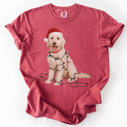 White Goldendoodle Christmas Lights T-Shirt, Comfort Colors Dog Lover Holiday Tee