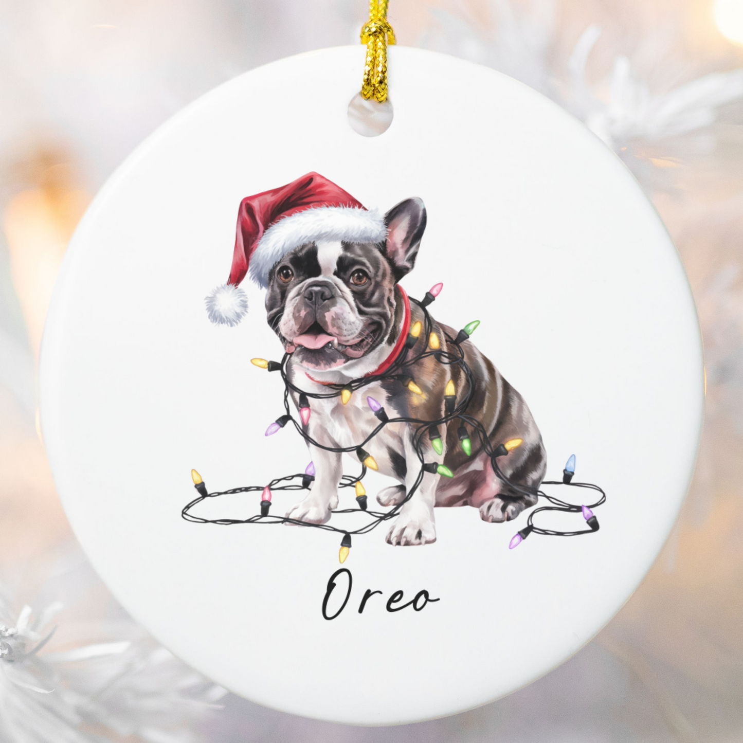 Personalized Black French Bulldog Ceramic Ornament, Dog Christmas Gift, Festive Lights Keepsake