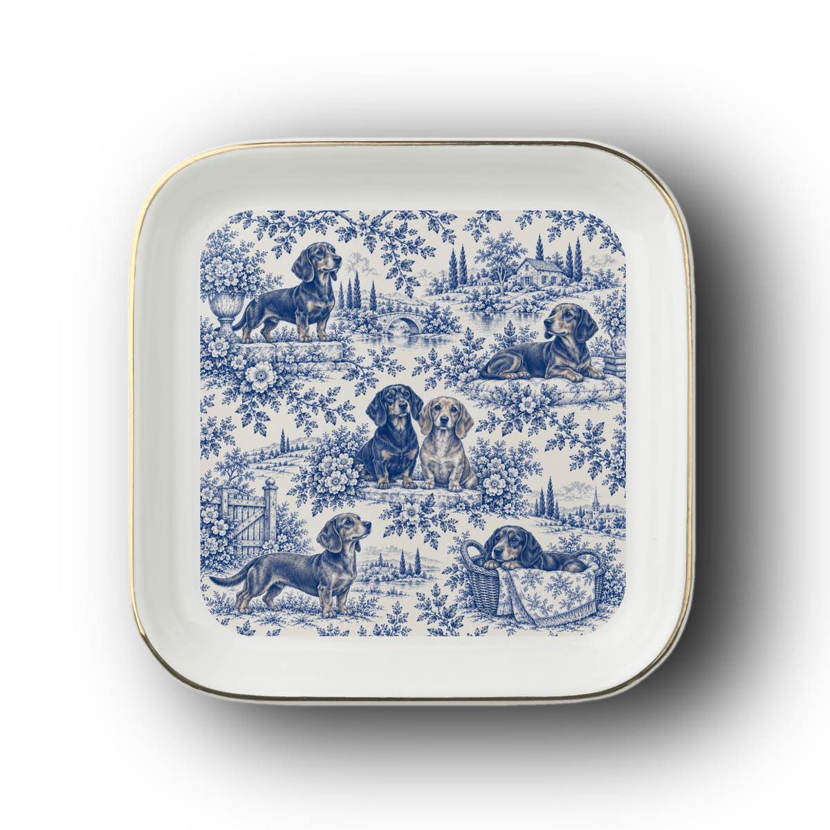 Dachshund Jewelry Dish, Blue Toile Dog Ring Dish, Doxie Lover Gift, Ceramic Trinket Tray