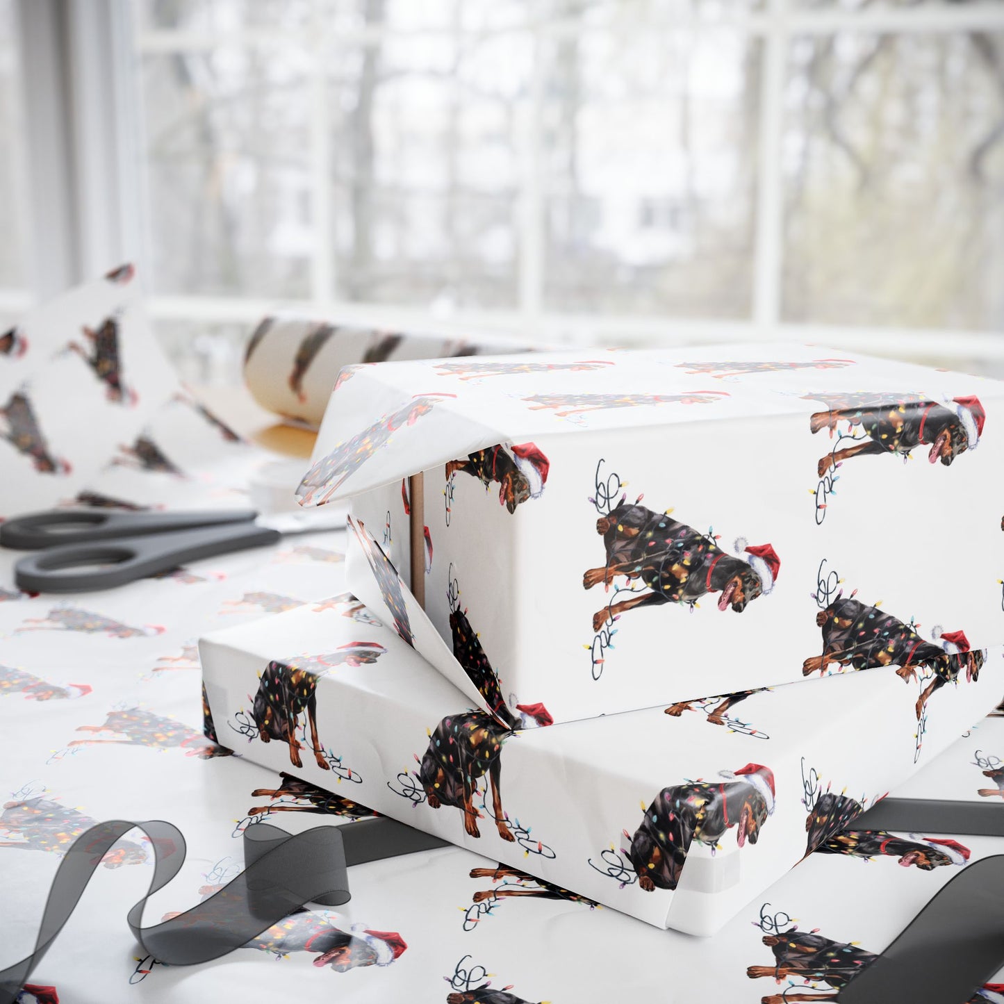 Doberman Pinscher Christmas Lights Wrapping Paper