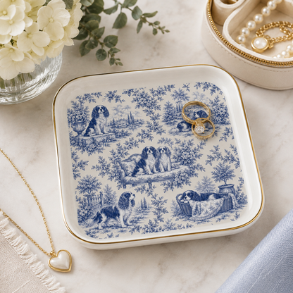 Cavalier Jewelry Dish, French Blue Toile Trinket Tray, Cavalier King Charles Spaniel Gift