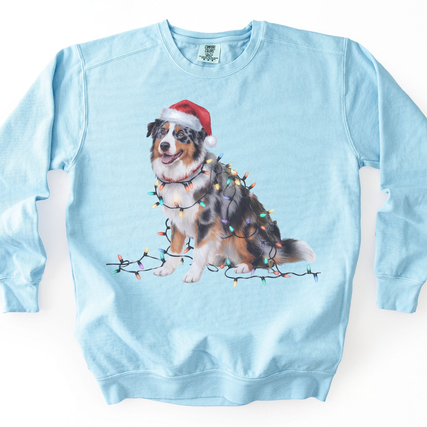 Australian Shepherd Christmas Lights Sweatshirt, Festive Dog Lover Apparel