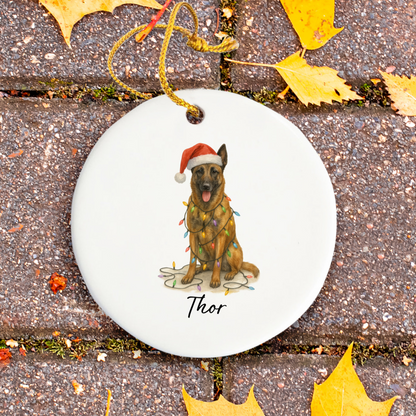 Personalized Belgian Malinois Dog Christmas Ornament, Ceramic Pet Decor, Santa Hat Lights