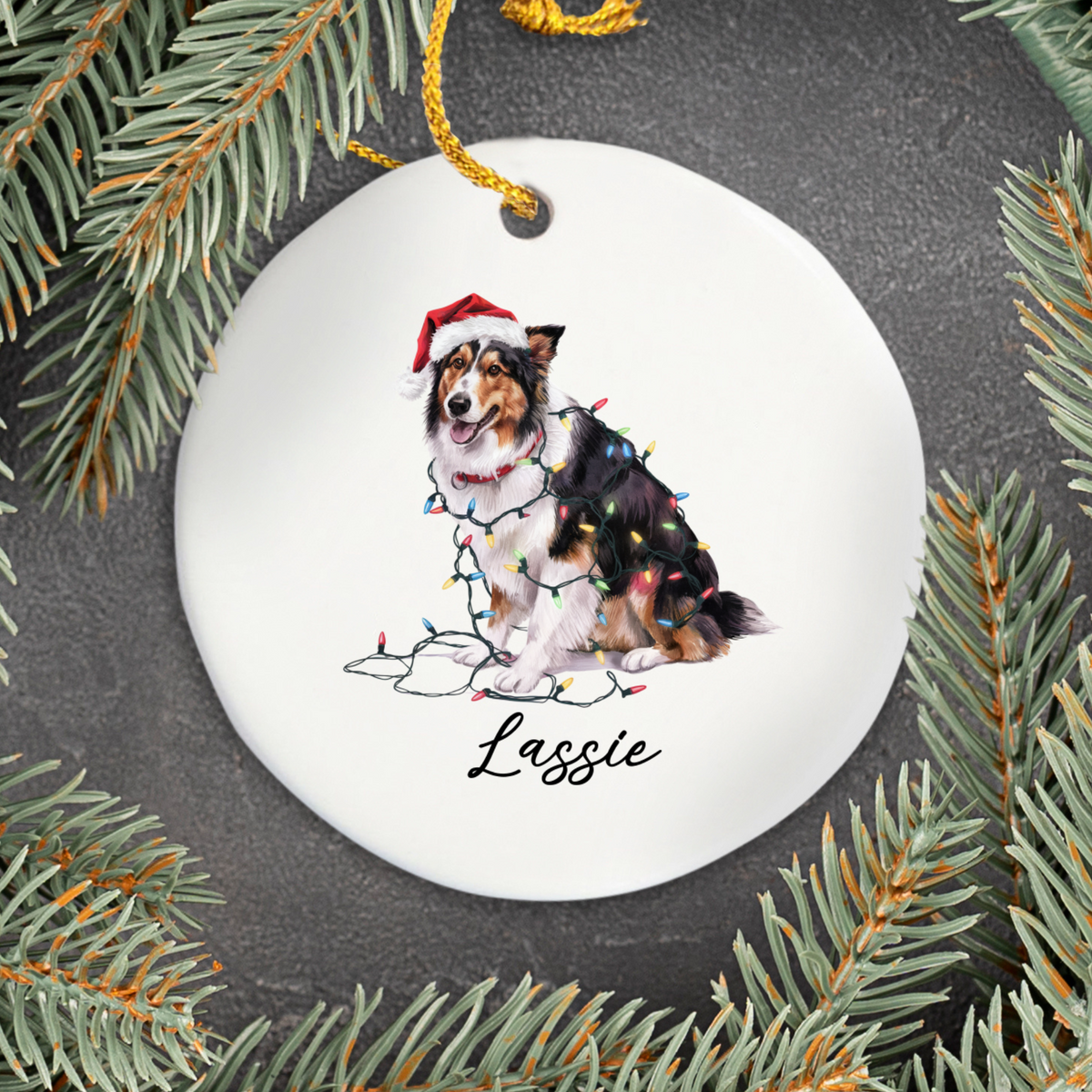 Collie Christmas Ornament, Personalized Dog Ornament, Custom Pet Name Holiday Keepsake