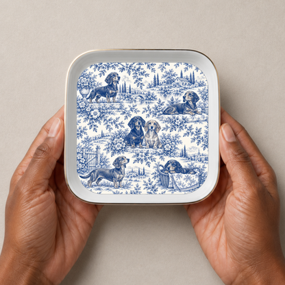 Dachshund Jewelry Dish, Blue Toile Dog Ring Dish, Doxie Lover Gift, Ceramic Trinket Tray