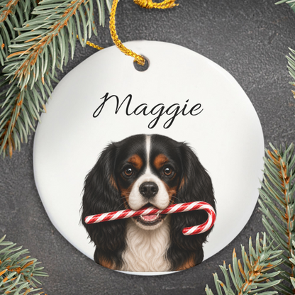 Personalized Tricolor Cavalier Candy Cane Ornament