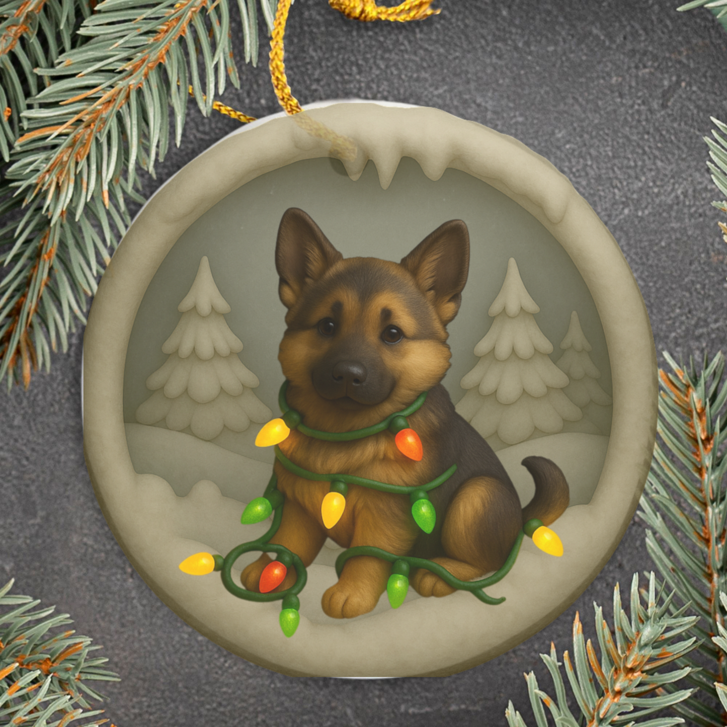 Personalized German Shepherd Christmas Ornament, 3D Clay-Style Dog Keepsake with Lights
