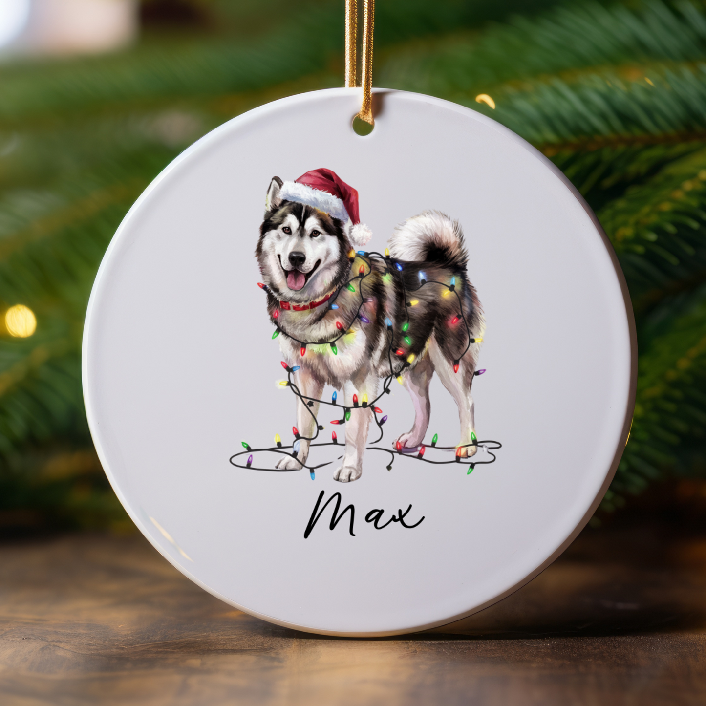 Personalized Alaskan Malamute Christmas Ornament, Dog Name Decor, Ceramic Pet Gift