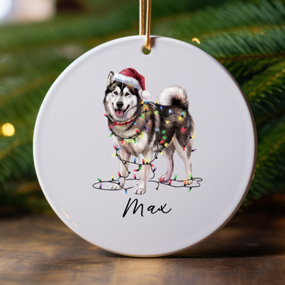 Personalized Alaskan Malamute Christmas Ornament, Dog Name Decor, Ceramic Pet Gift