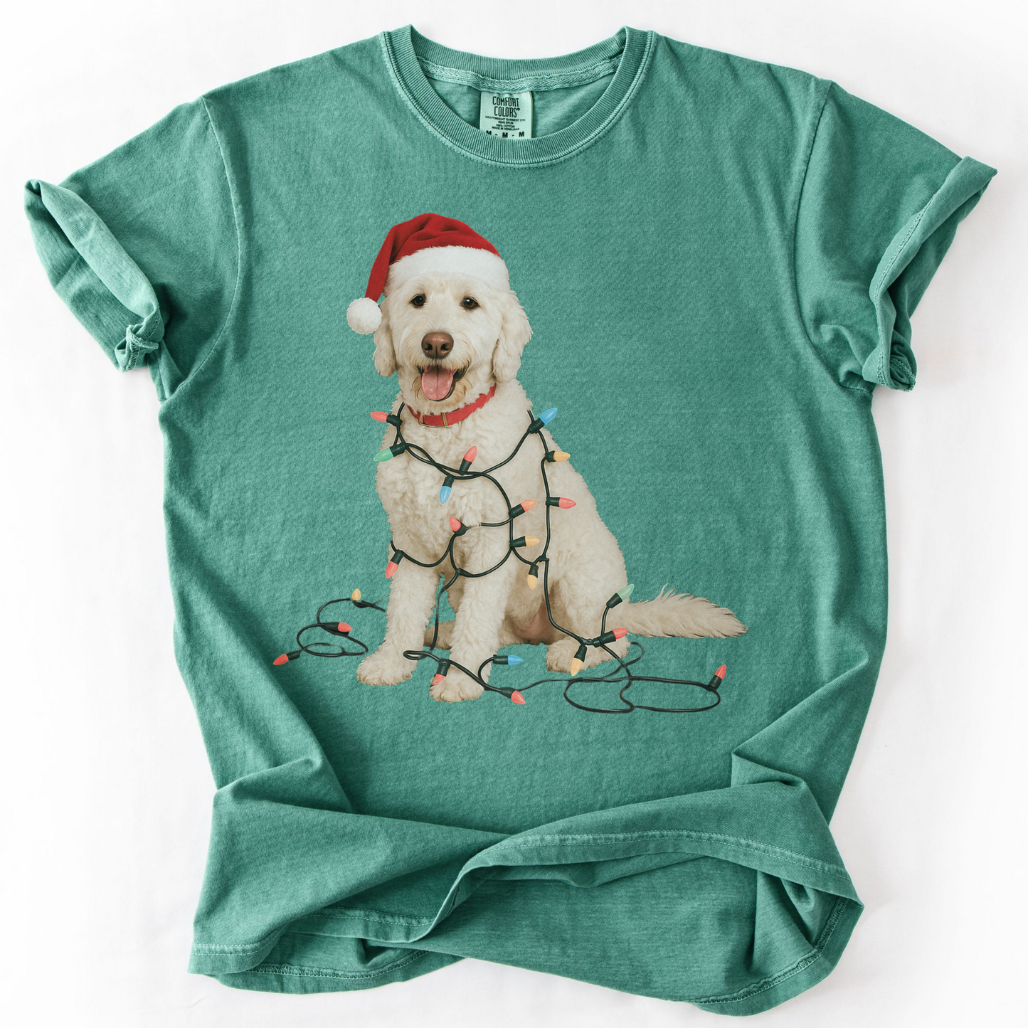White Goldendoodle Christmas Lights T-Shirt, Comfort Colors Dog Lover Holiday Tee