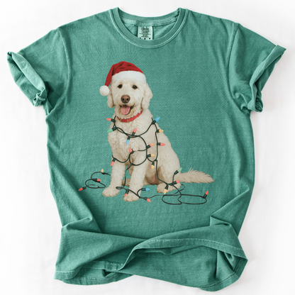White Goldendoodle Christmas Lights T-Shirt, Comfort Colors Dog Lover Holiday Tee
