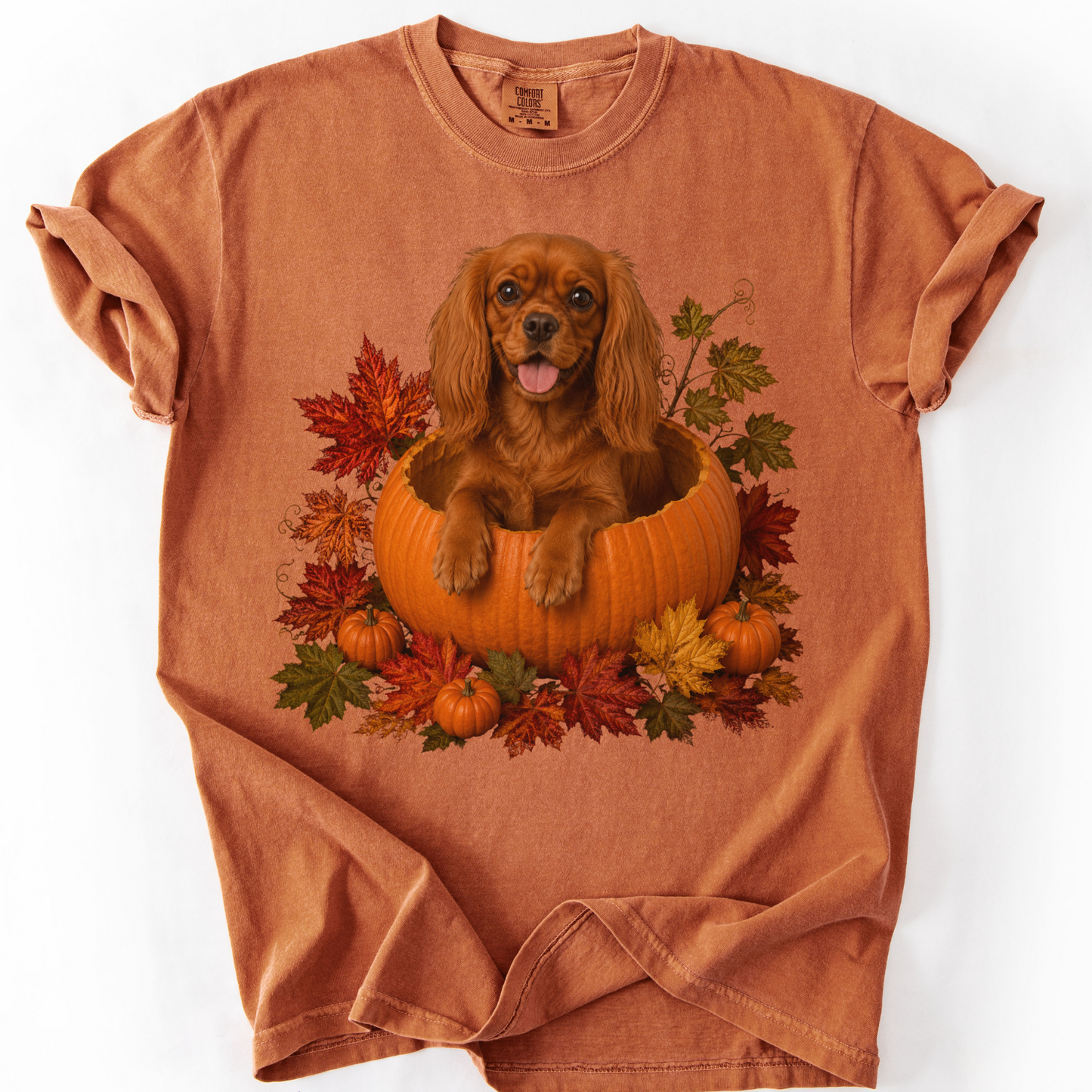 Ruby Cavalier King Charles in Pumpkin Fall Shirt, Cute Autumn Dog Tee for Spaniel Lovers
