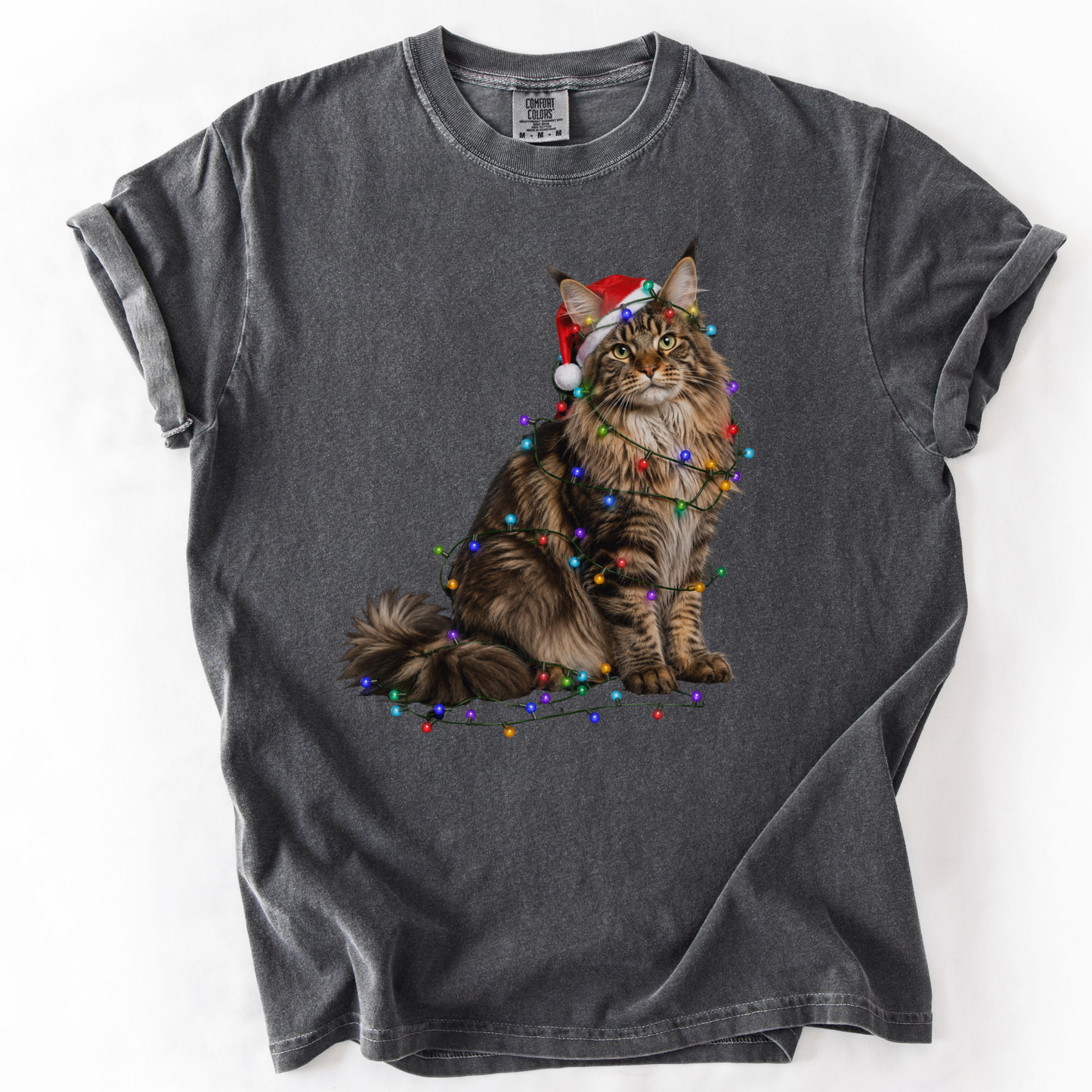 Maine Coon Christmas Lights Shirt, Comfort Colors Holiday Cat Lover Tee