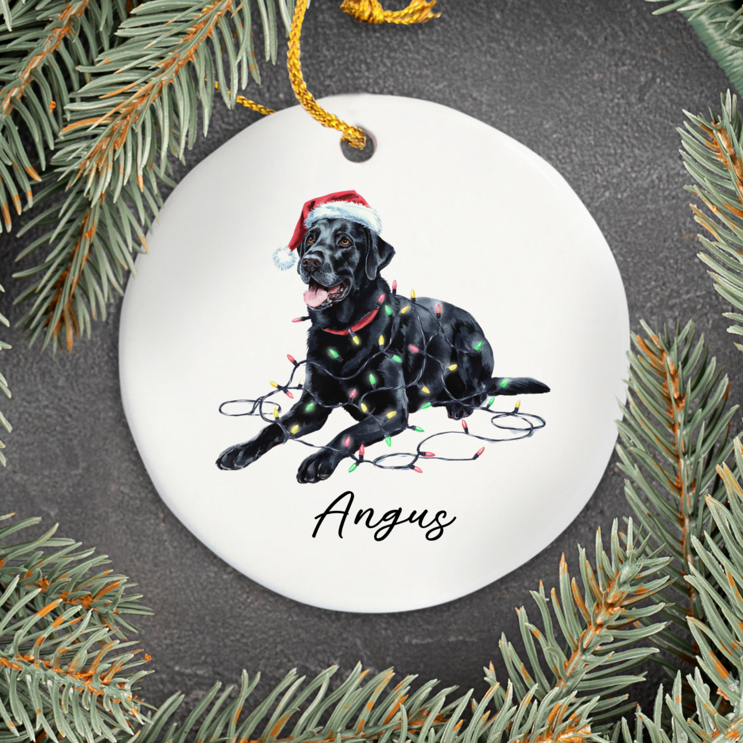 Personalized Black Labrador Christmas Ornament, Ceramic Dog Keepsake, Festive Lights Lab