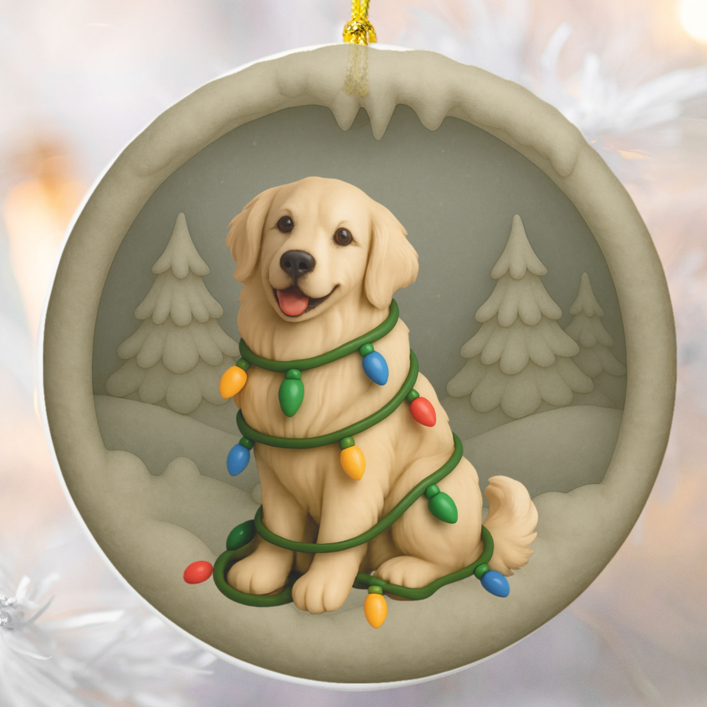 Personalized English Cream Golden Retriever Christmas Ornament, Custom Golden with Holiday Lights Keepsake